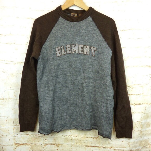 Element Skateboards Sweater Mens M Brown Gray Spell Out Logo Wool Knit Crew Y2K - Picture 1 of 10